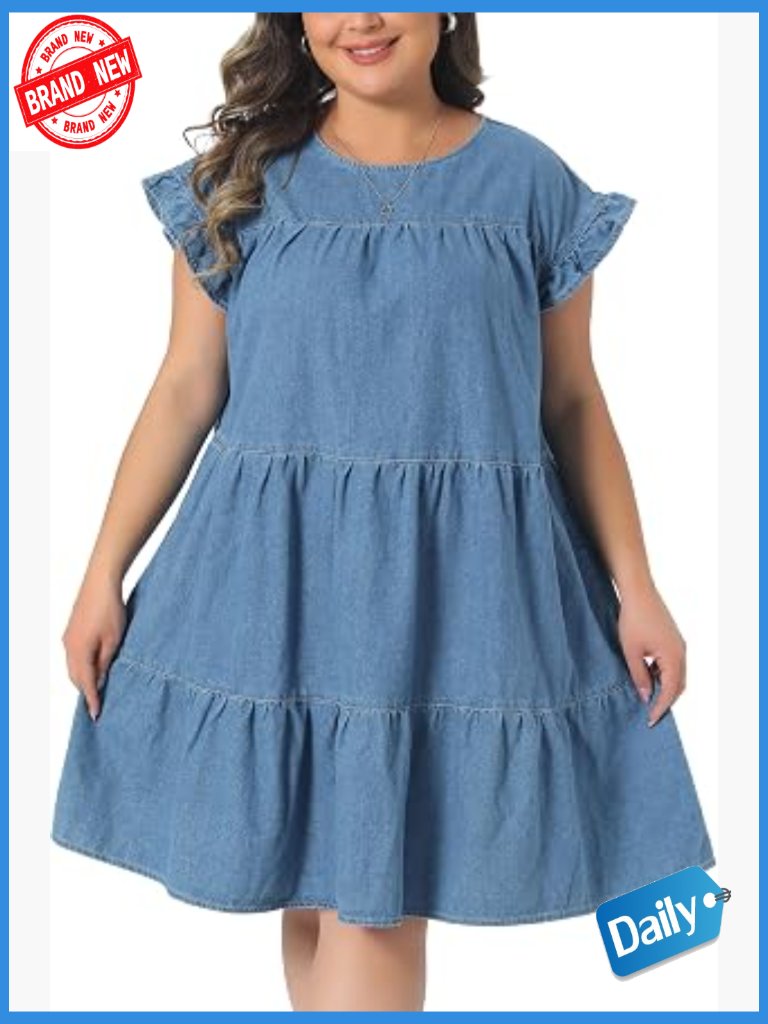Plus Size Babydoll Denim Dress Ruffle Sleeve Loose Flowy Swing Pleated Jean